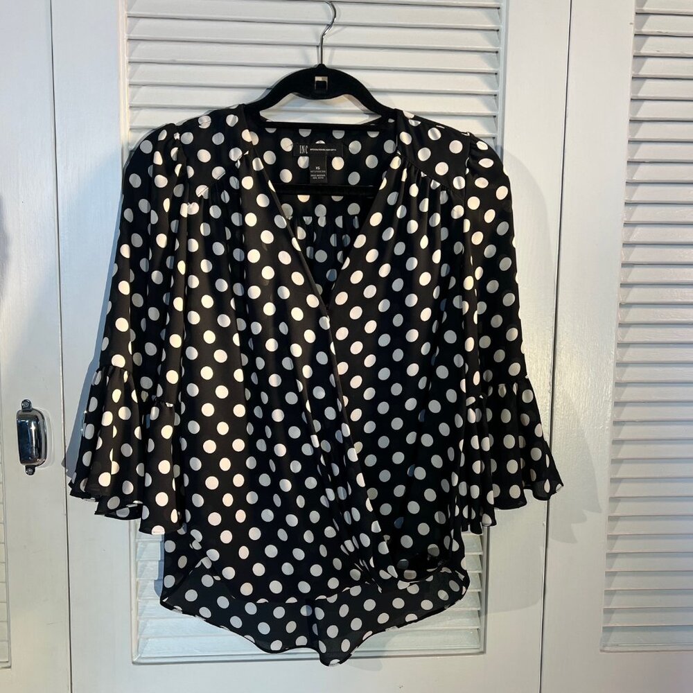 INC Black & White Polka Dot Bell Sleeve Blouse – Size XS